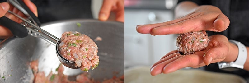 Scooping Wonton Meatballs and rolling them into balls.