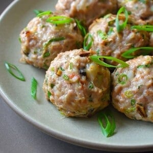 A plate filled with wonton meatballs.