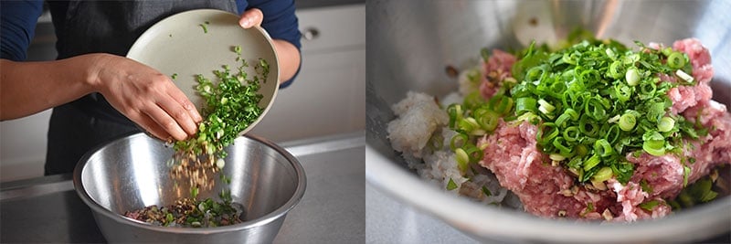 Adding scallions to the wonton meatballs bowl