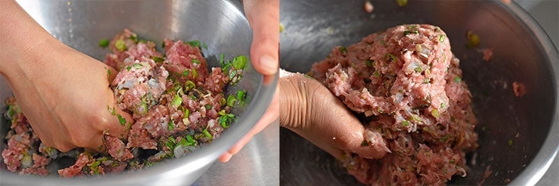 Using hands to combine the Wonton Meatballs 