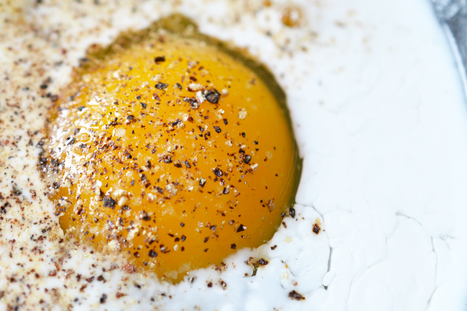 A close up of a bowl containing a raw egg, coconut milk, salt, and pepper.