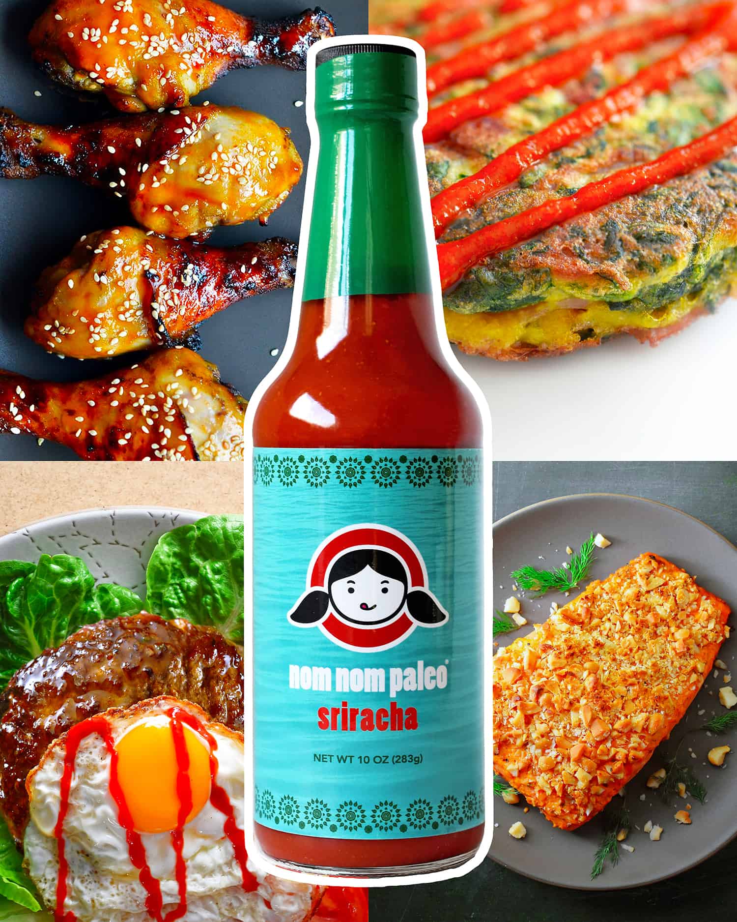 A closeup of a bottle of Nom Nom Paleo Sriracha and dishes that you can add it to.