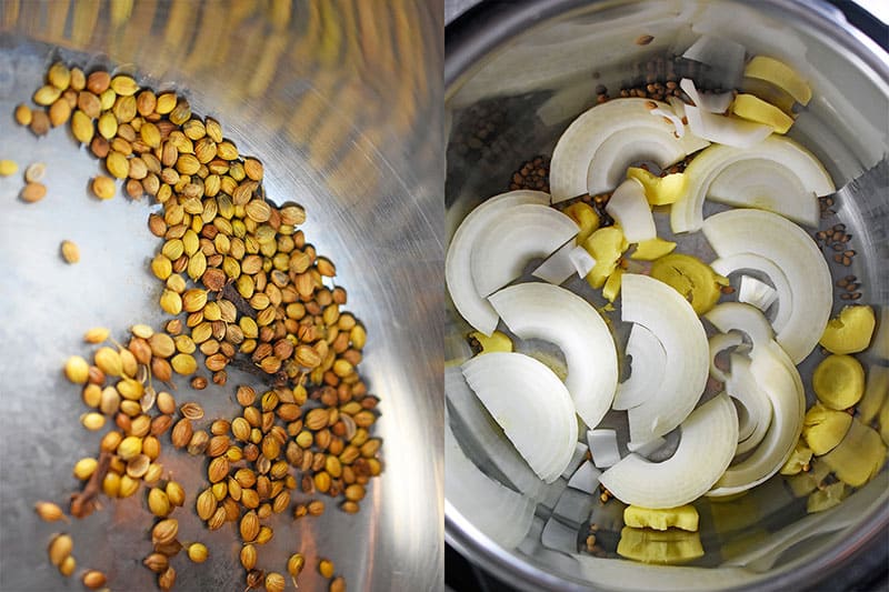 Overhead shot of toasting spices in an Instant Pot.