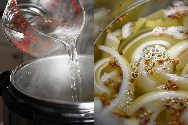 Pouring water into the Instant Pot to stop the cooking process.