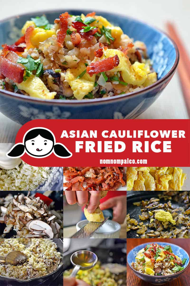 A collage of the cooking steps for paleo and Whole30-friendly Asian Cauliflower Fried Rice