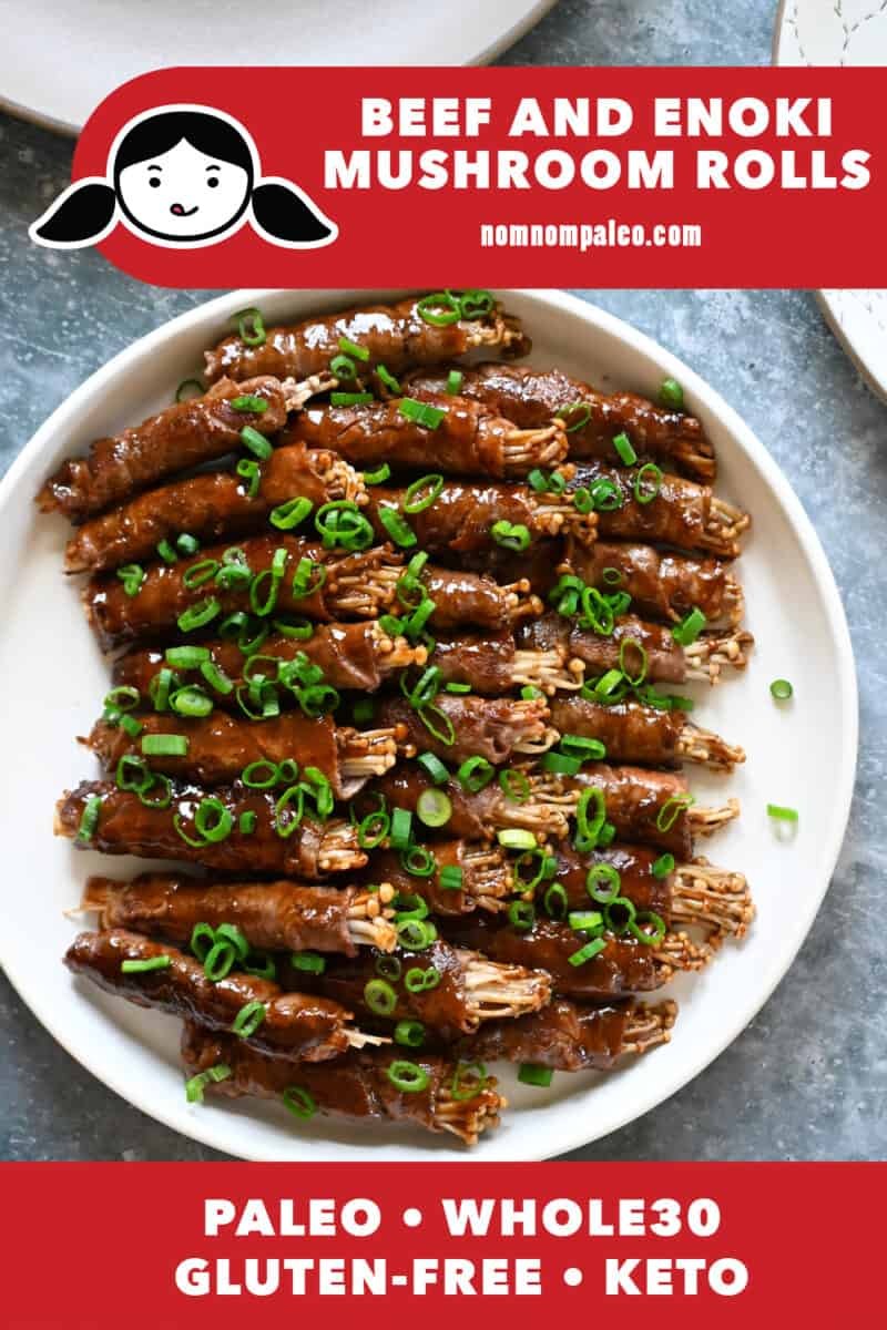 An overhead shot of a platter of paleo beef and enoki mushroom rolls