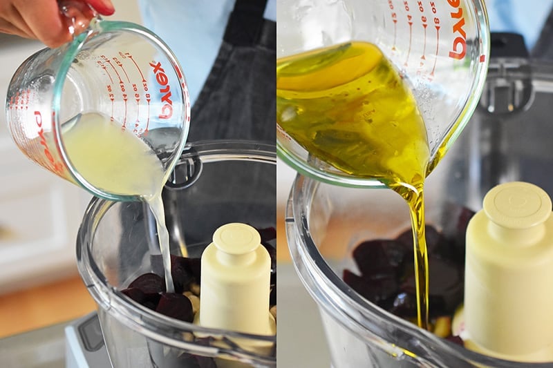 Someone adding lemon juice and olive oil to a food processor for paleo beet hummus.