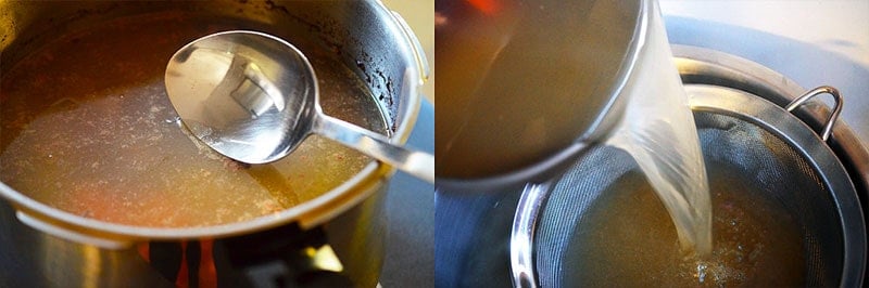 Using a spoon to skim the top of Instant Pot bone broth and pouring it through a fine mesh sieve.