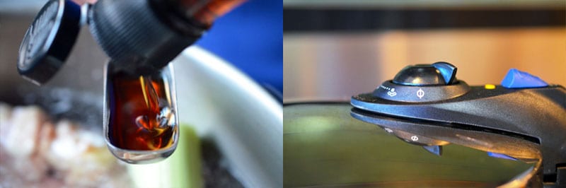 Adding fish sauce to the Instant Pot (Pressure Cooker) Bone Broth. The image on the right is the top of a stovetop pressure cooker
