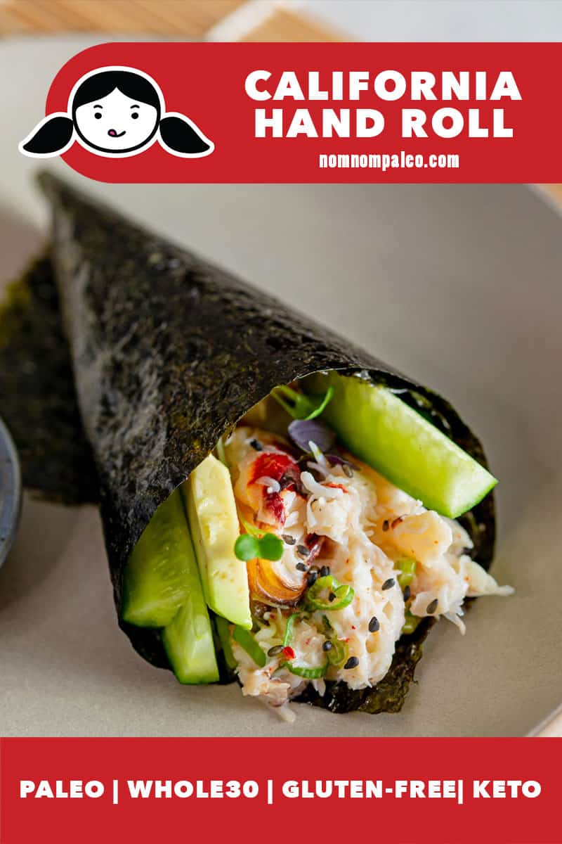 An closeup picture of a homemade Whole30 and keto California hand roll filled with fresh crab, sliced cucumber, avocado, and sprouts.