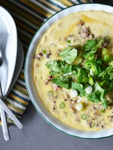 An overhead shot of Cantonese Egg Custard with Minced Pork