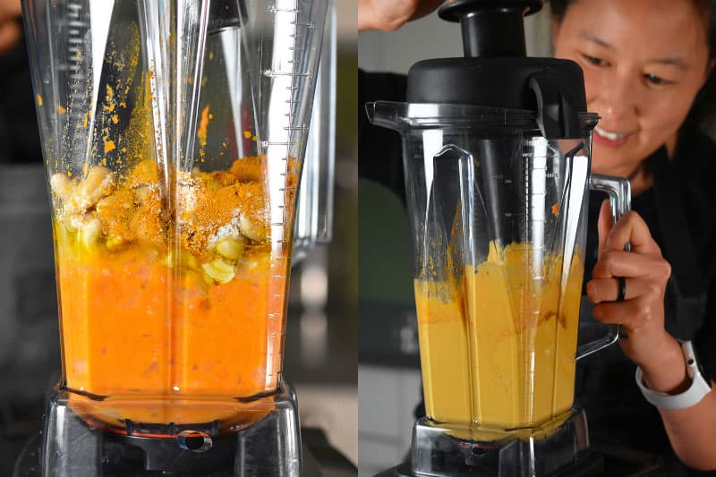 Blending the ingredients for the sweet potato and cashew dip.