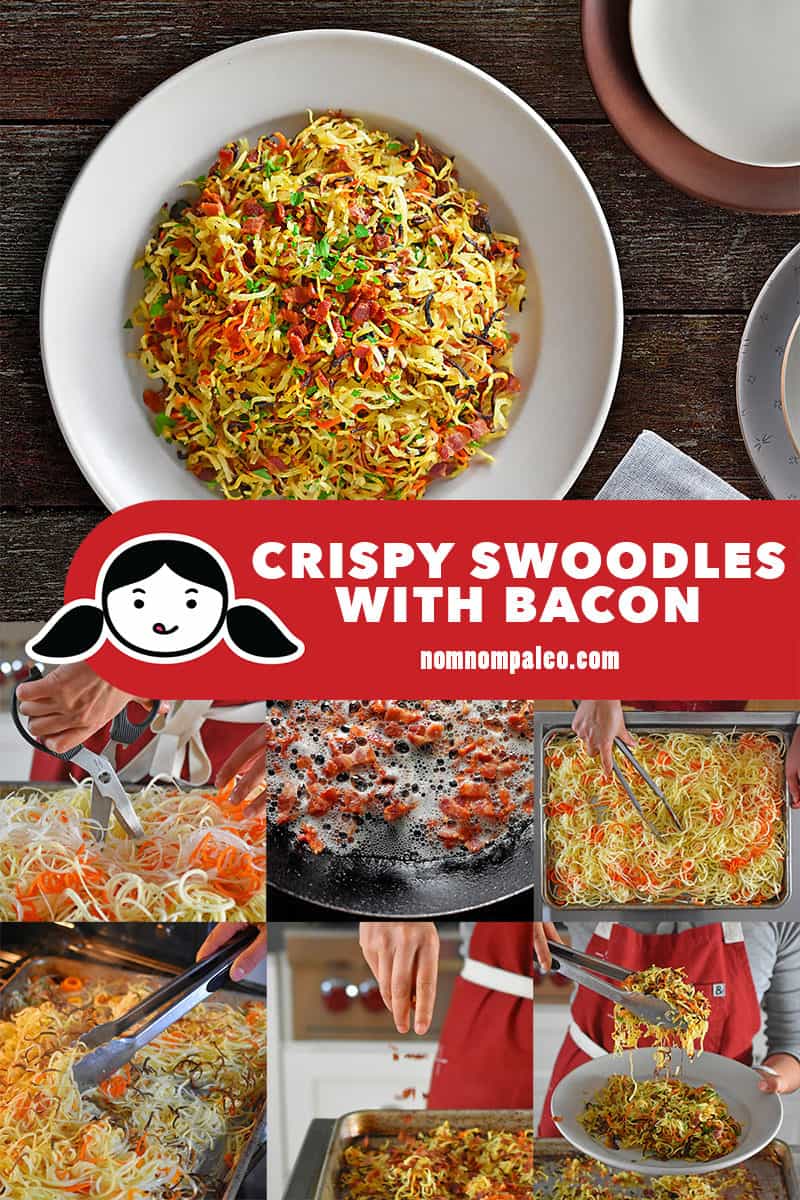 A collage of the cooking to make Crispy Swoodles with Bacon.