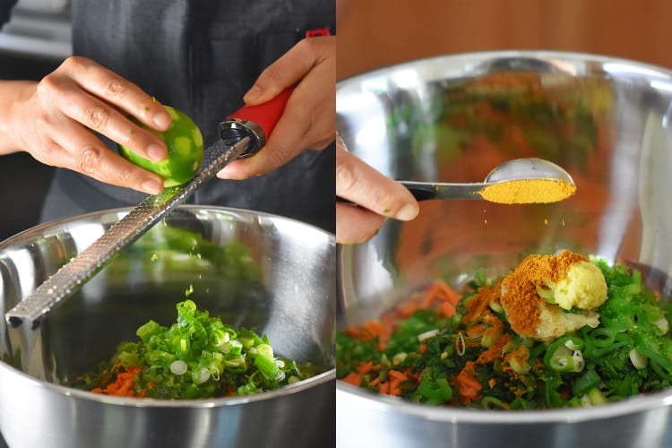 Adding lime zest and curry powder in a mixing bowl filled with ingredients for Whole30 Curry Turkey Bites 