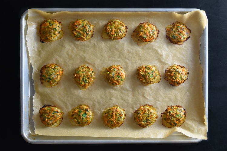 An overhead shot of a batch of healthy Curry Turkey Bites fresh out of the oven.