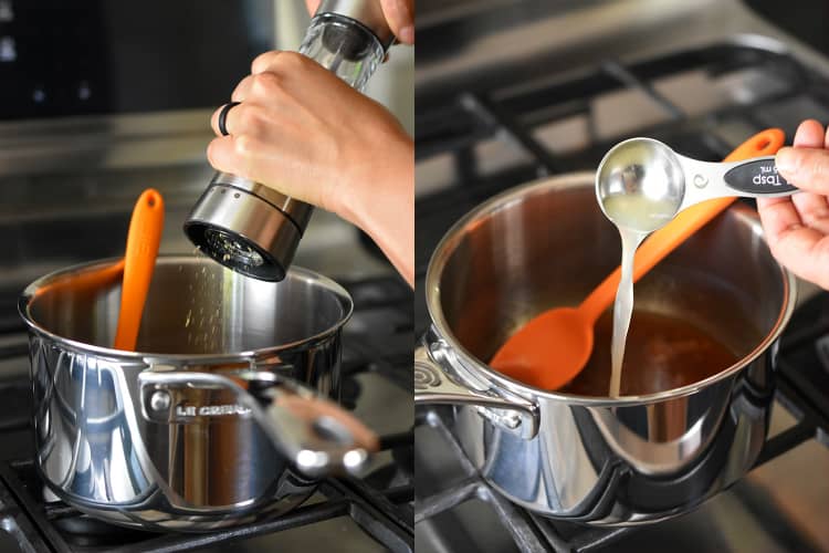 Adding freshly cracked black pepper and lemon juice to a saucepan filled with homemade Apricot-Ginger Sauce 