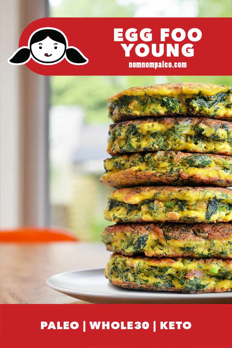 A stack of Paleo Egg Foo Young on a plate. There is a red banner that says "Egg Foo Young" and "Paleo, Whole30, Keto."