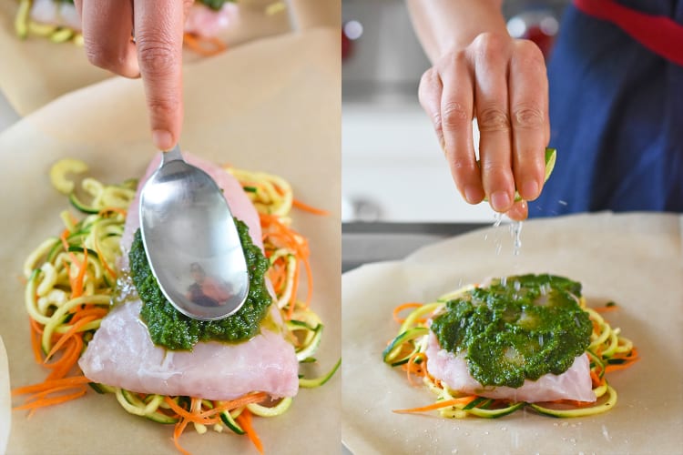 Spooning green sauce on top of the fish in Fiona’s Phenomenal Fish Packets 