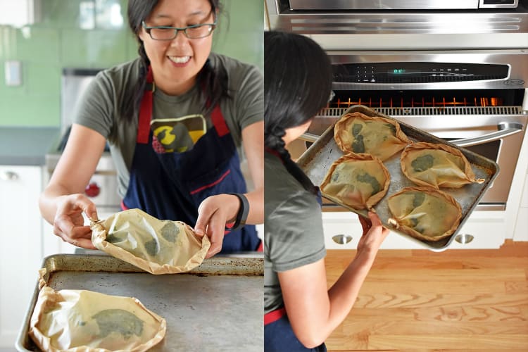 Four of Fiona’s Phenomenal Fish Packets are placed in the oven.