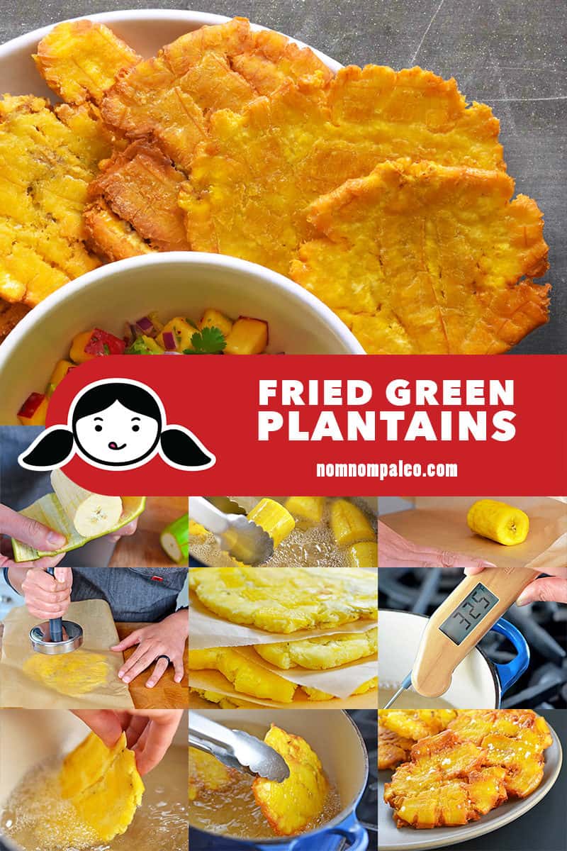 Fried green plantains a.k.a. patacones or tostones are my favorite crispy treat to slather on guacamole and salsa! Use them as "bread" in paleo sandwiches!