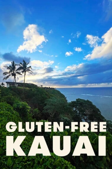 A sunset on the coast of Kauai. The text says Gluten-Free Kauai.
