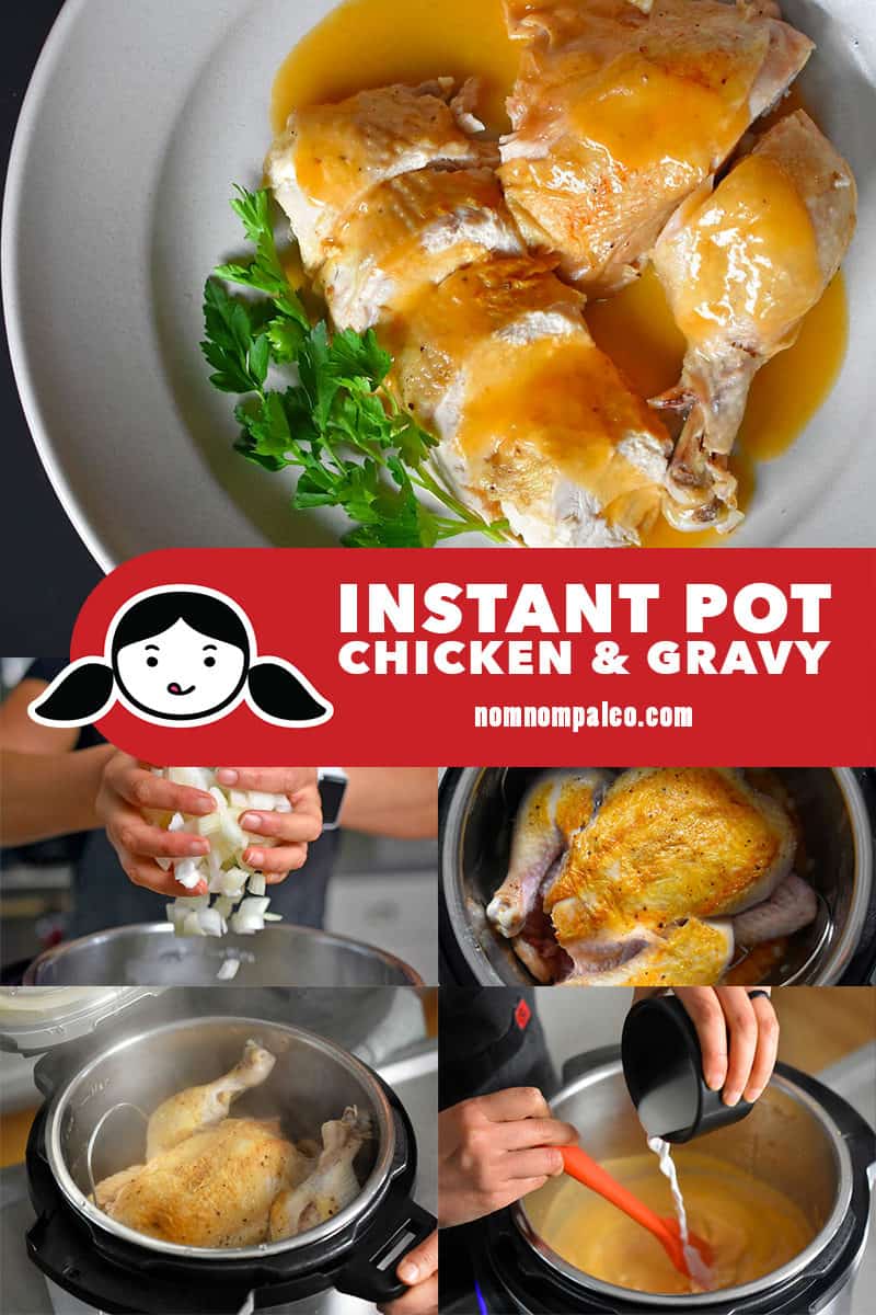 A collage of the cooking steps to make Instant Pot Chicken & Gravy.