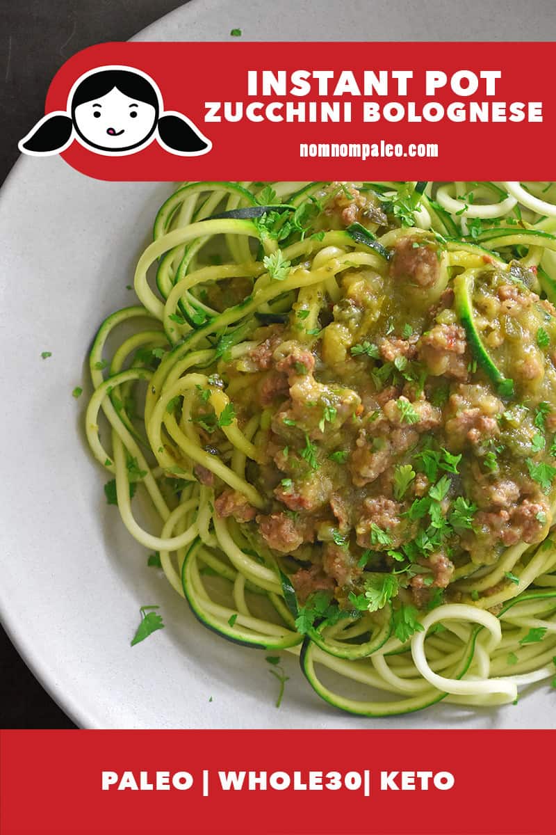 An overhead shot of a bowl filled with zucchini noodles topped with Instant Pot Zucchini Bolognese. The red label says paleo, whole30, and keto.