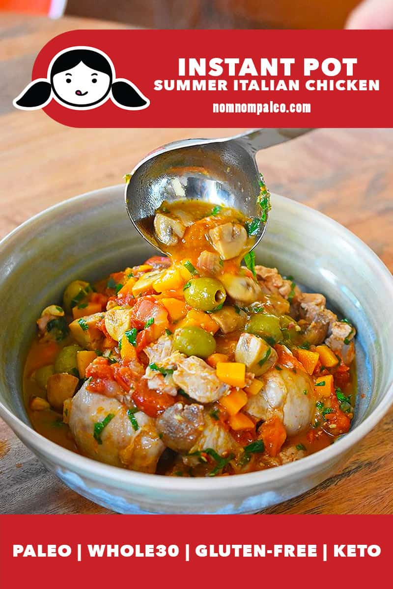 Ladling a scoop of Italian chicken from an Instant Pot into a serving bowl.