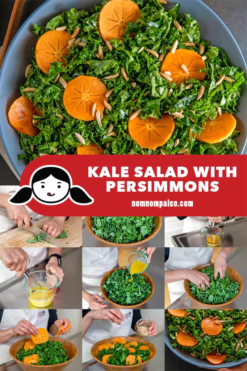 A collage of the cooking steps to make Kale Salad with Persimmons, a Whole30, paleo, and vegan salad.