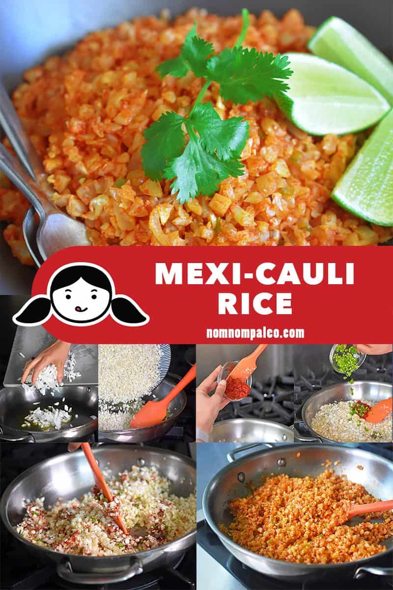 A collage of the cooking steps for Mexican Cauliflower rice, the perfect paleo side dish!