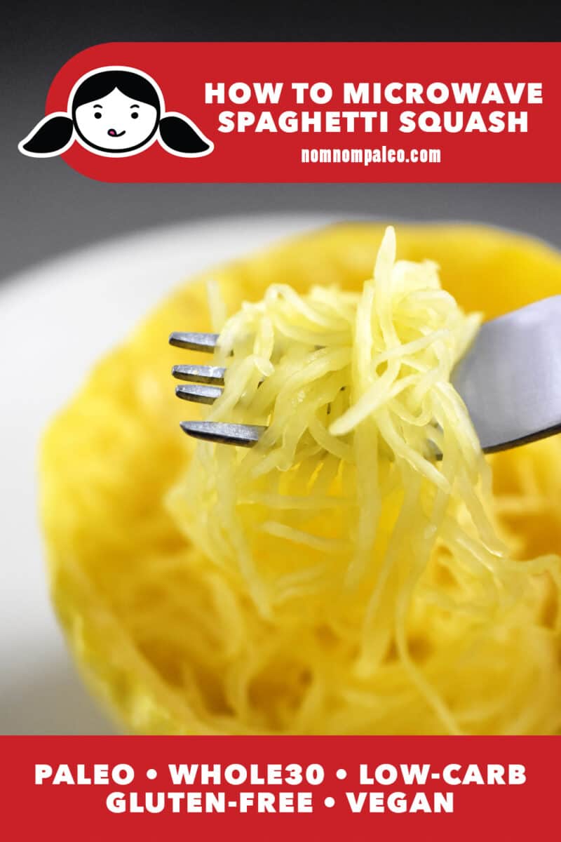 A fork is scooping some spaghetti squash cooked in the microwave. The red banner at the bottom reads paleo, Whole30, low carb, gluten-free, and vegan
