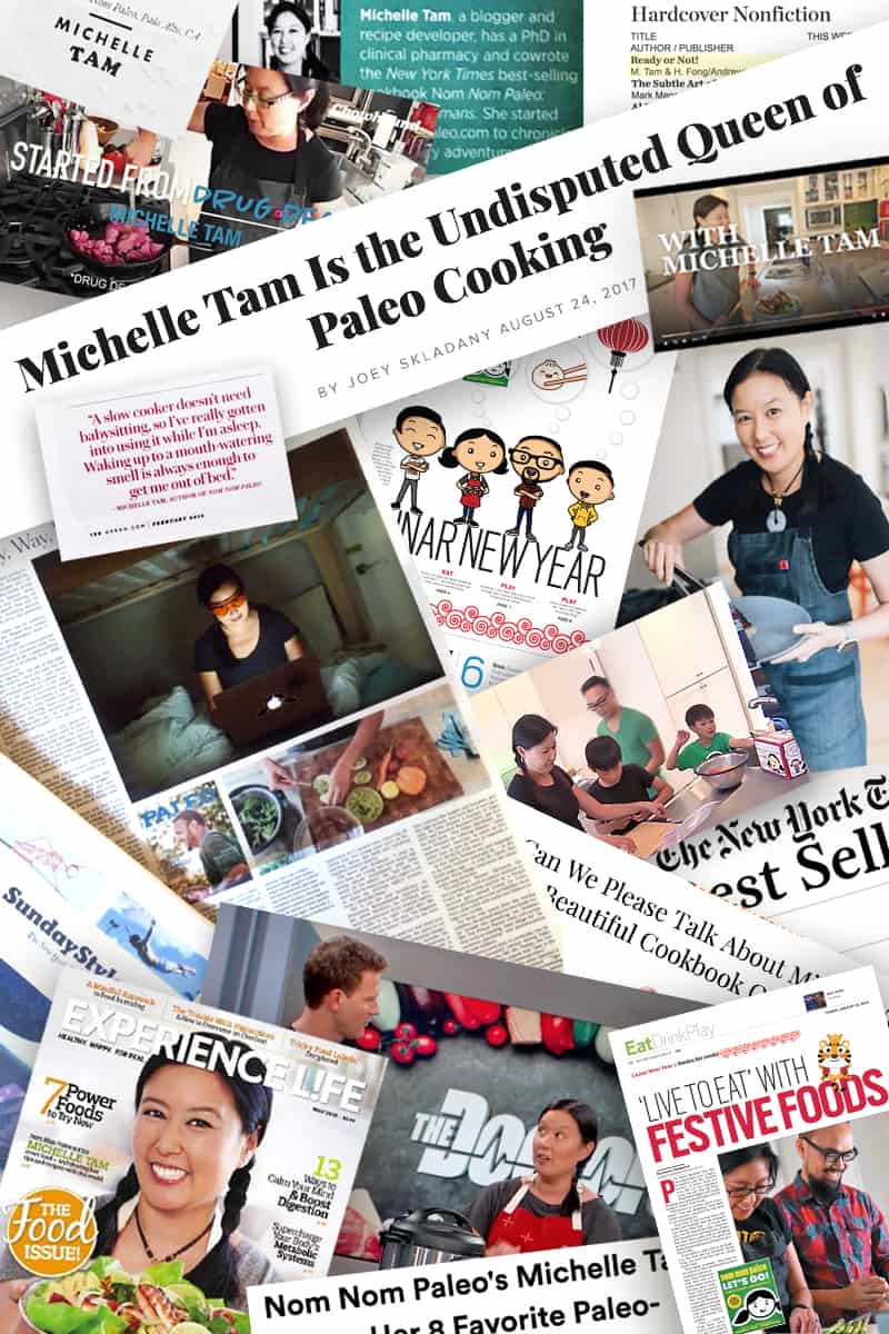 Collage of press clippings about Nom Nom Paleo