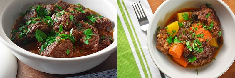 Two shots of pressure cooker beef stew. The one on the left has no vegetables and the one on the right has carrot and potato chunks mixed in.