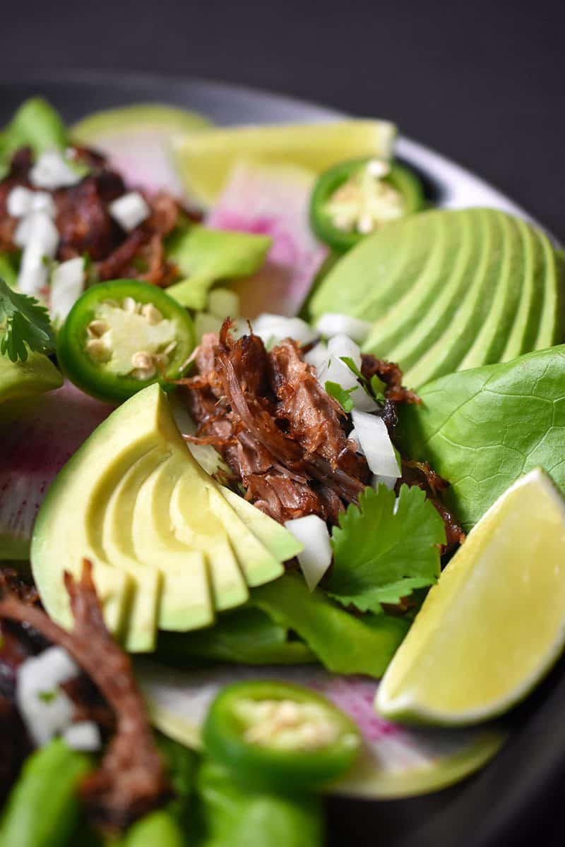 A closeup of Instant Pot (Pressure Cooker) Carnitas ready to eat.