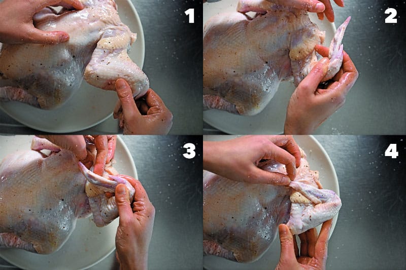 Four pictures that show you how to tuck a chicken's wing behind its back.