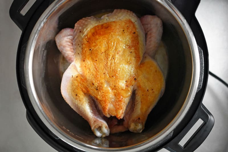 An overhead shot of a browned whole chicken, breast side up, in an open Instant Pot.