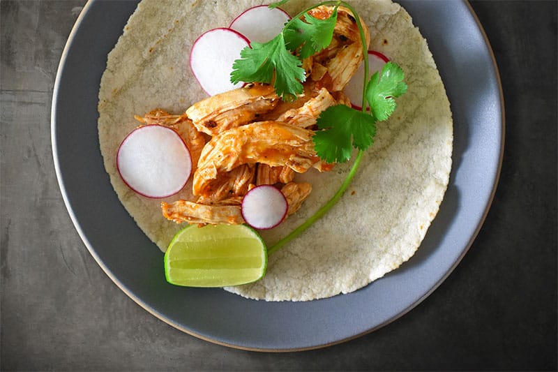An overhead shot of Instant Pot Salsa Chicken tacos