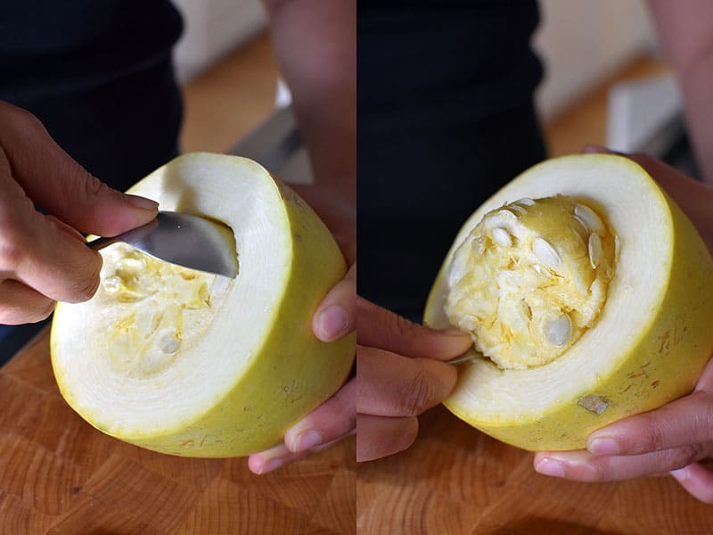 Two shots side by side of someone using a large spoon to scoop out the seeds in a spaghetti squash cut in half horizontally.