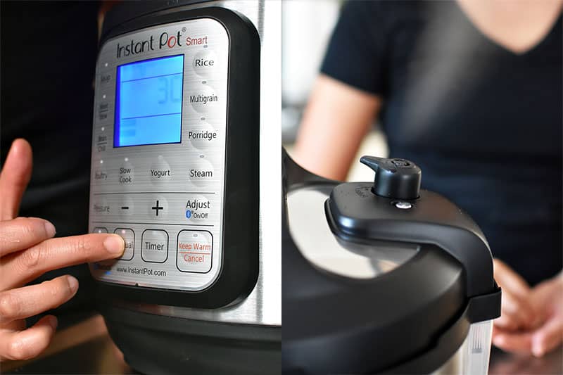 In the left image, a finger is pressing the "Manual" button on an Instant Pot. In the image on the right, the pressure valve on the Instant Pot is switched to quick release.