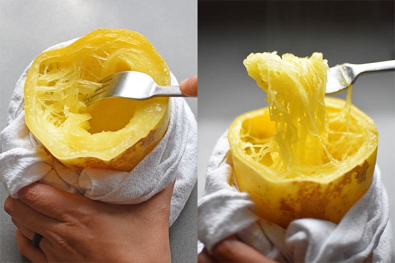 In the left image, a hand is holding the cooked Instant Pot spaghetti squash with a white dish towel. In the image on the right, a fork is being used to pull up the cooked squash like spaghetti.