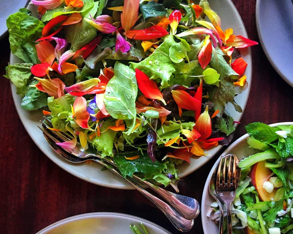 An overhead shot of a colorful salad.