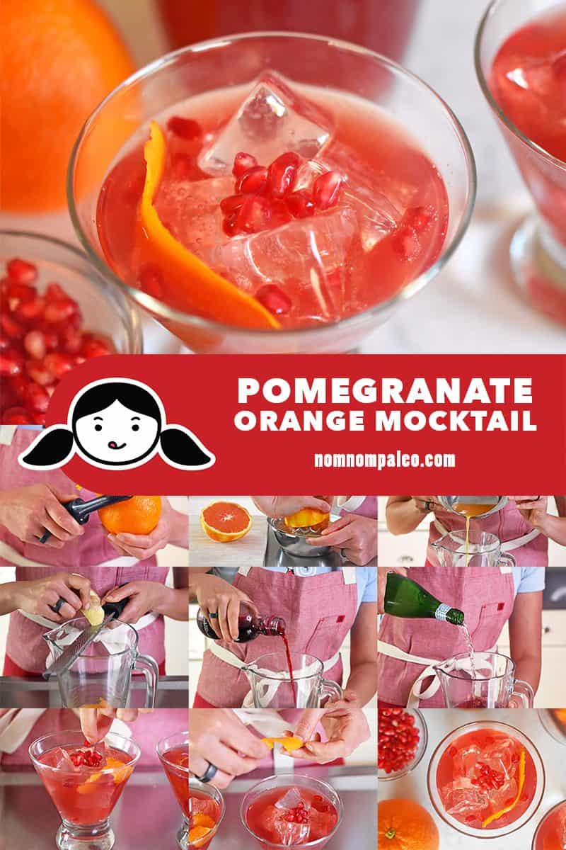 A collage of the steps needed to make a Pomegranate Orange Mocktail.