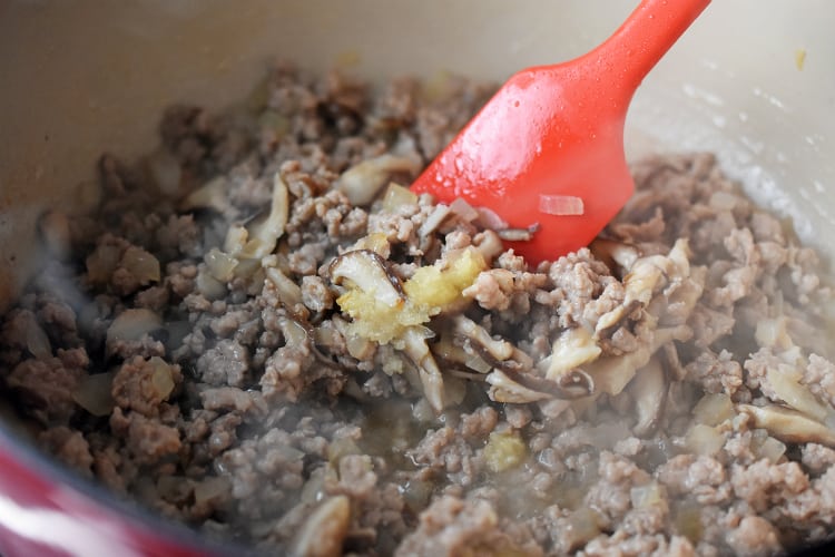 Stirring in minced ginger into the pot.