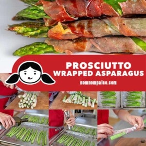 A closeup of Broiled Prosciutto-Wrapped Asparagus Spears on a white platter.