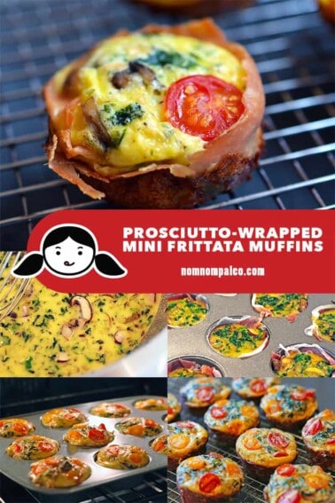 A collage of the cooking steps to make Prosciutto-Wrapped Frittata Muffins, a paleo and gluten-free lunch that's perfect for school lunches.