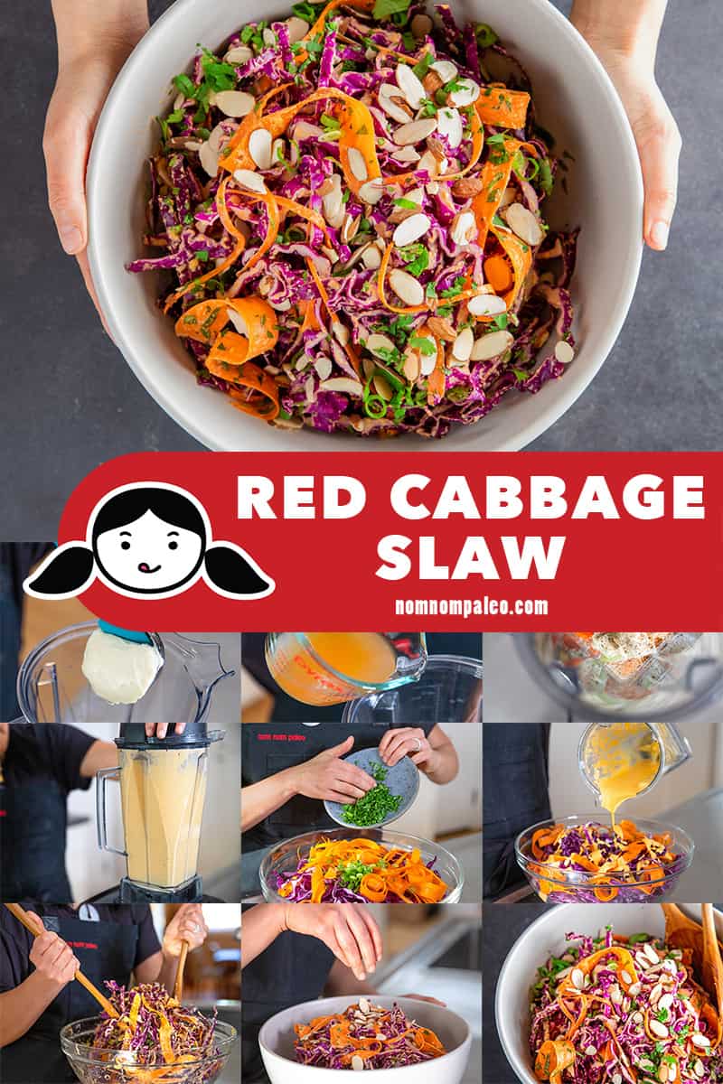A collage of the cooking steps for Whole30 and paleo red cabbage slaw with tangy carrot and ginger dressing.