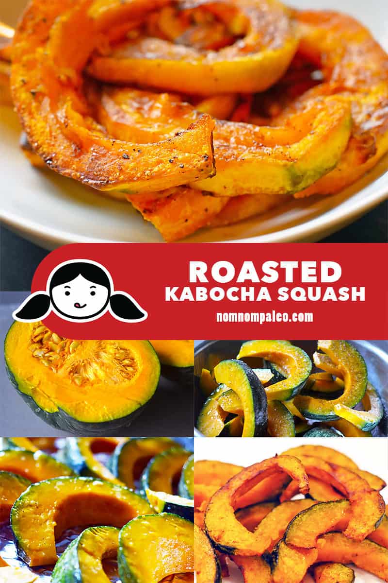 A collage of the cooking steps for roasted kabocha squash.