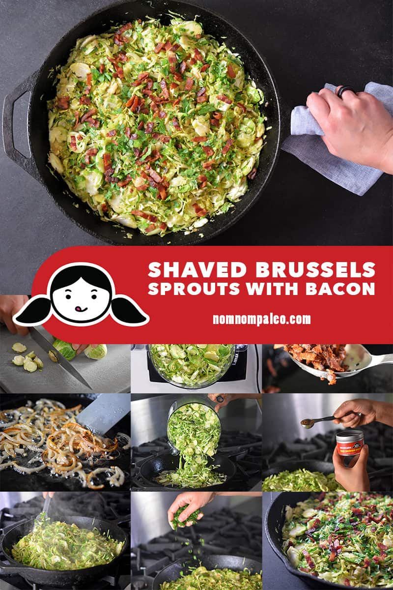 A collage of the cooking steps to make Shaved Brussels Sprouts with Bacon.