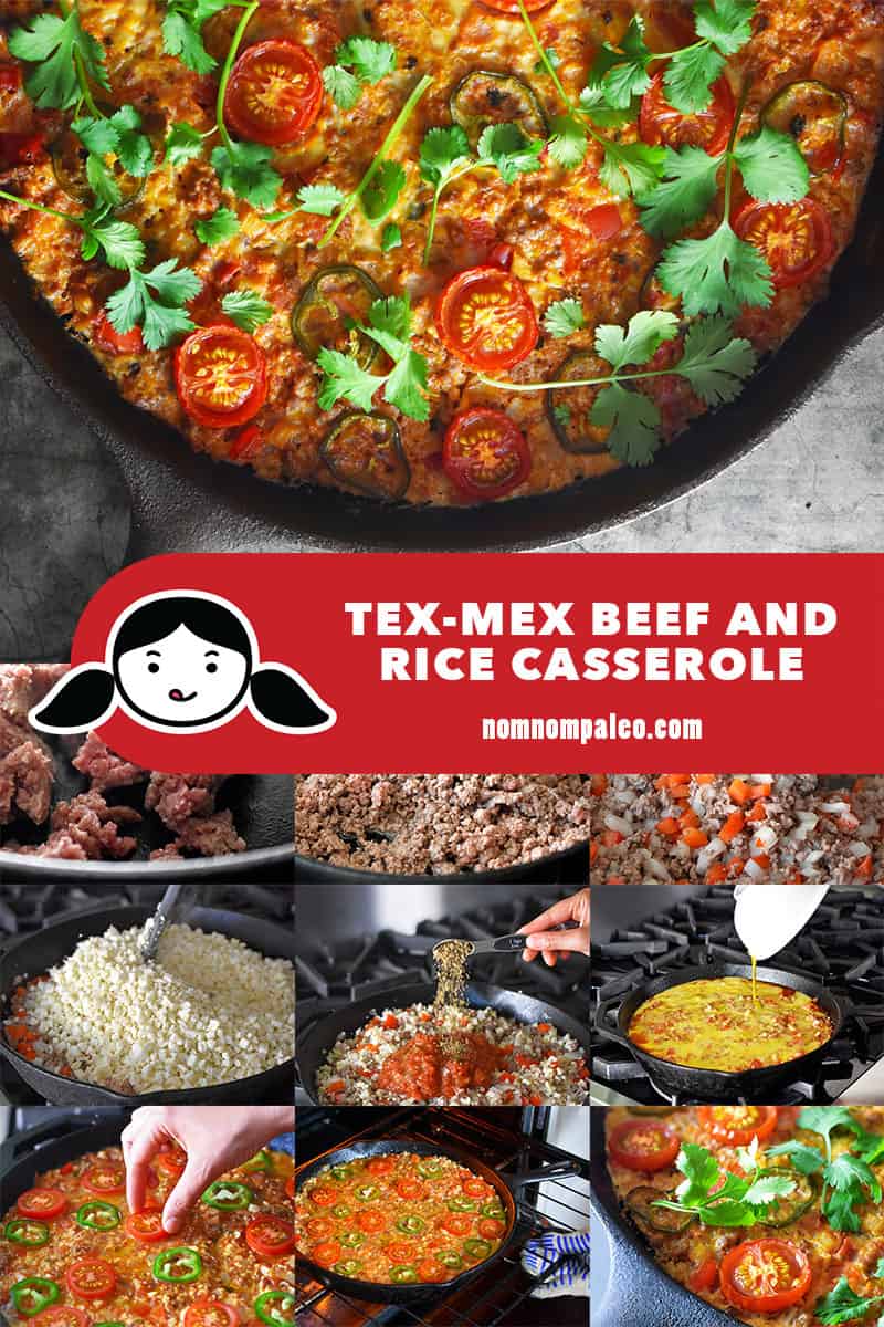 A collage of the cooking steps to make Whole30 Tex-Mex Beef and Rice Casserole!