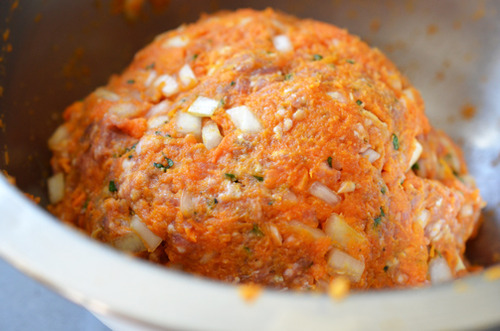 A ball mixture of lamb meat and sweet potatoes for lamb dosas.